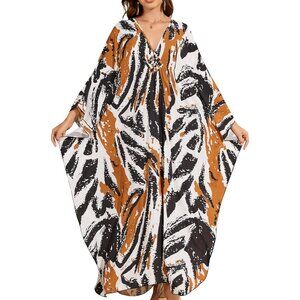 Women's Black Orange V-neck Batwing Sleeve Flowy Split Hem Bohemian Kaftan Dress